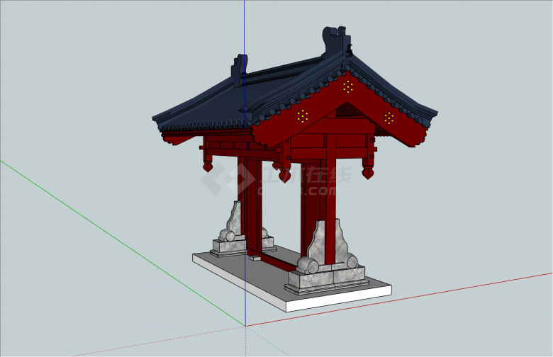 精细红色中式风格单排柱式垂花门su模型-图二