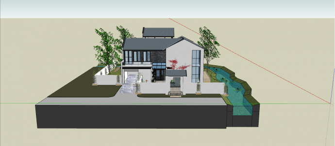 中式新农村两层庭院花园别墅su模型_图1