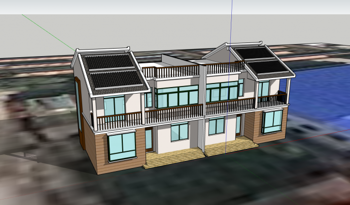 现代二层木栏杆瓦屋面联排别墅su模型_图1