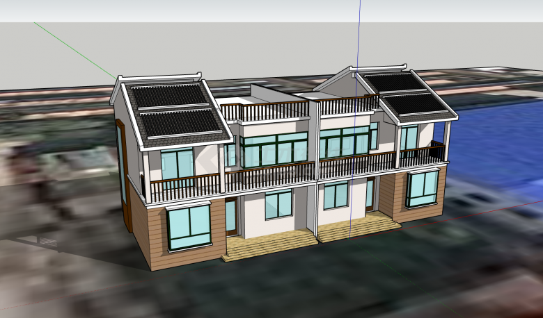 现代二层木栏杆瓦屋面联排别墅su模型-图一