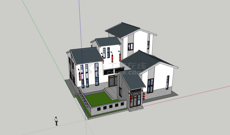 白墙灰瓦挂红色灯笼带小院的新中式别墅su模型-图二