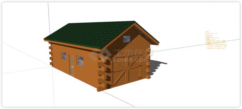 绿色鱼鳞瓦双坡屋顶木屋su模型-图一