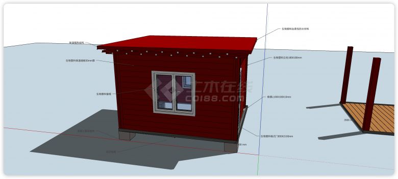 红色横板拼接结构木屋su模型-图二
