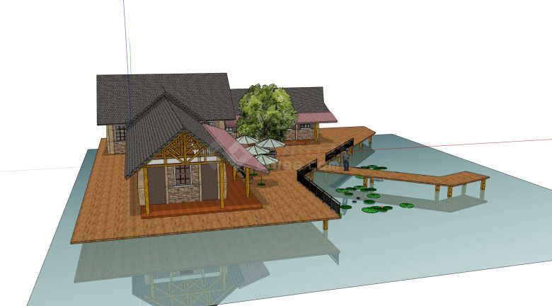 湖边木质观景台砖木结构木屋su模型-图二