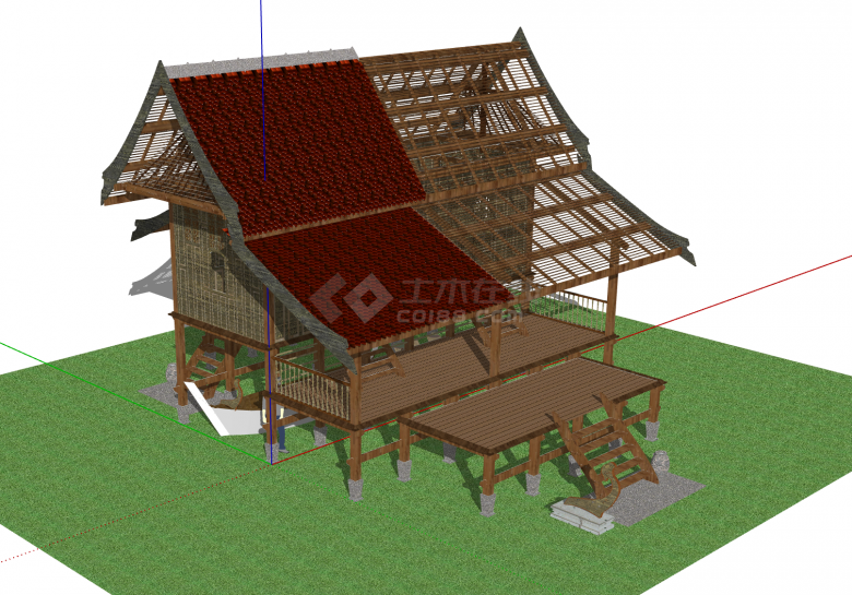 两层小木屋镂空建筑su模型-图二