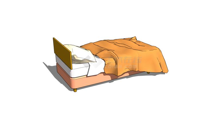 白色床垫橘黄色被套木质单人床su模型-图一