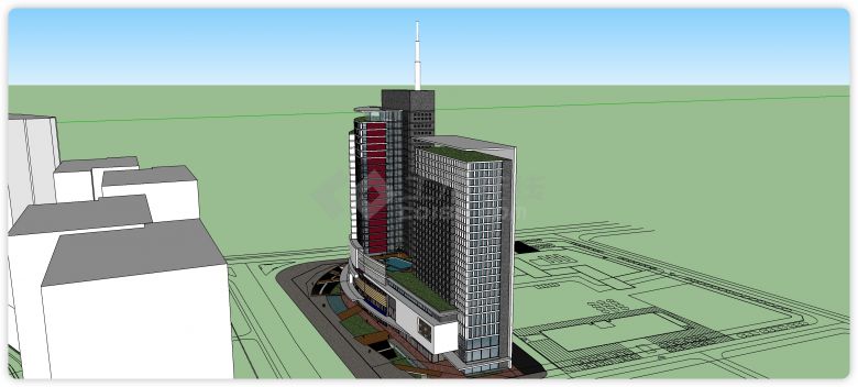 白色钢架结构深灰色主体办公楼su模型-图二