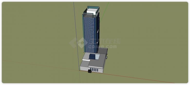 绿色框架蓝色玻璃主体办公楼su模型-图一