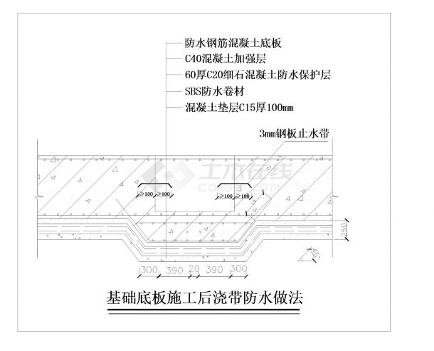 北京某高层公寓基础底板施工后浇带防水做法示意图-图二