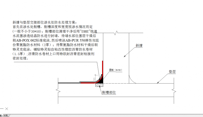 某地斜撑与垫层交接部位渗水处防水节点详图CAD图纸_图1