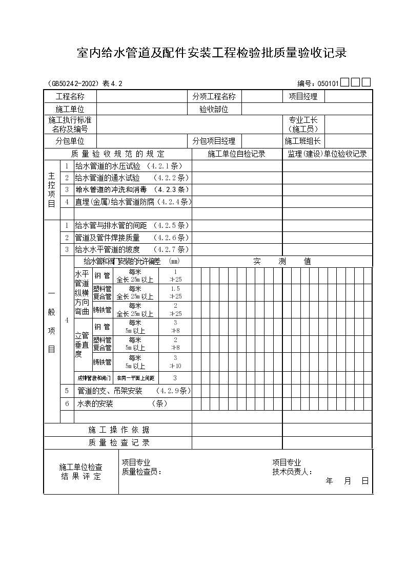 室内给水管道及配件安装工程检验批质量验收记录资料