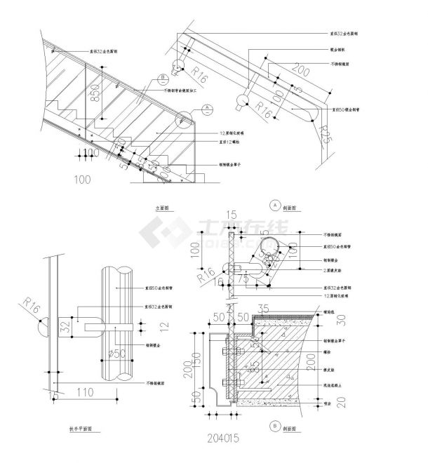 某市新楼房玻璃楼梯栏杆结构布置CAD参考详图-图一