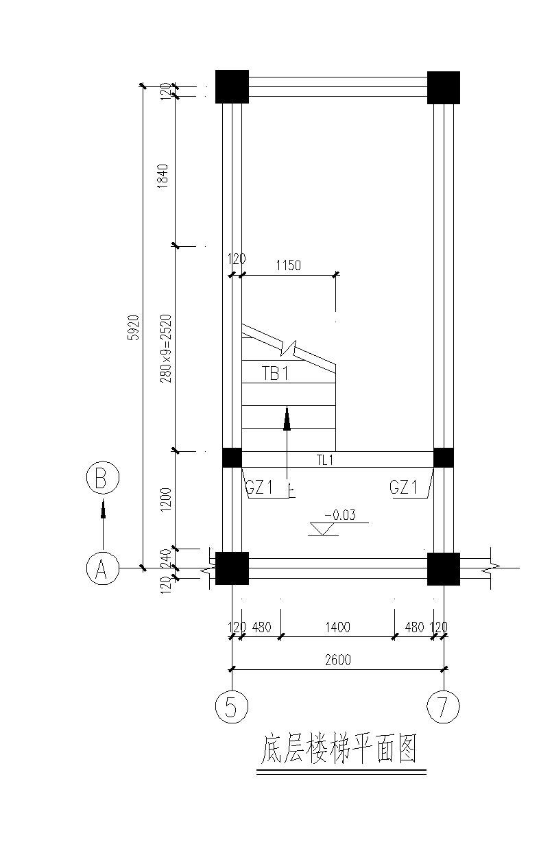 某城市房屋底框楼梯节点构造设计CAD参考详图