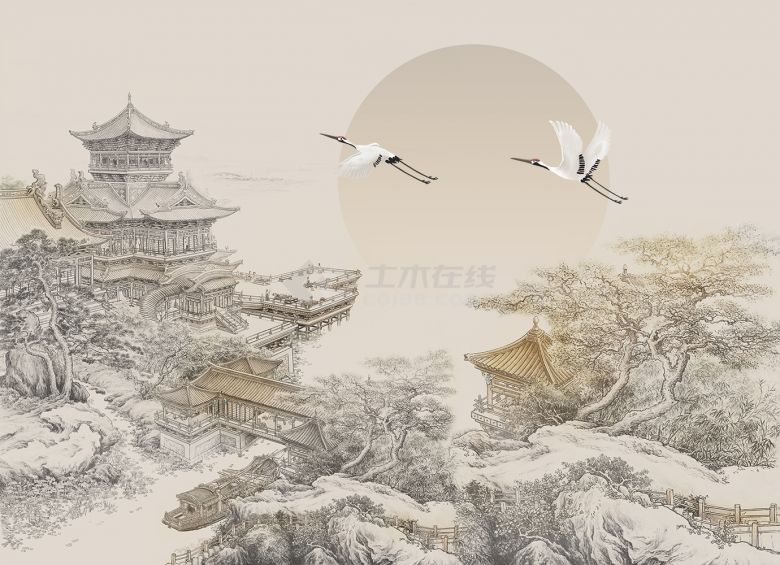中式楼阁山水壁纸壁画 (18).jpeg-图一