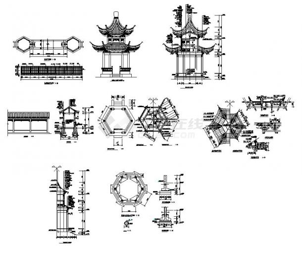 中式古建八角亭 六角亭 套亭 重檐亭 平立剖 节点及结构详图-图二