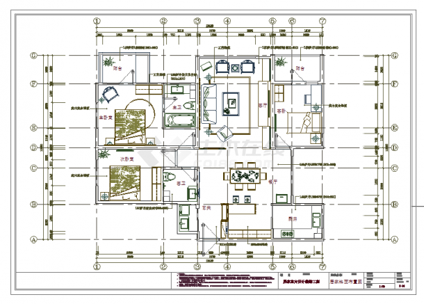 某地西海岸三室两厅家装设计施工图CAD图纸-图二
