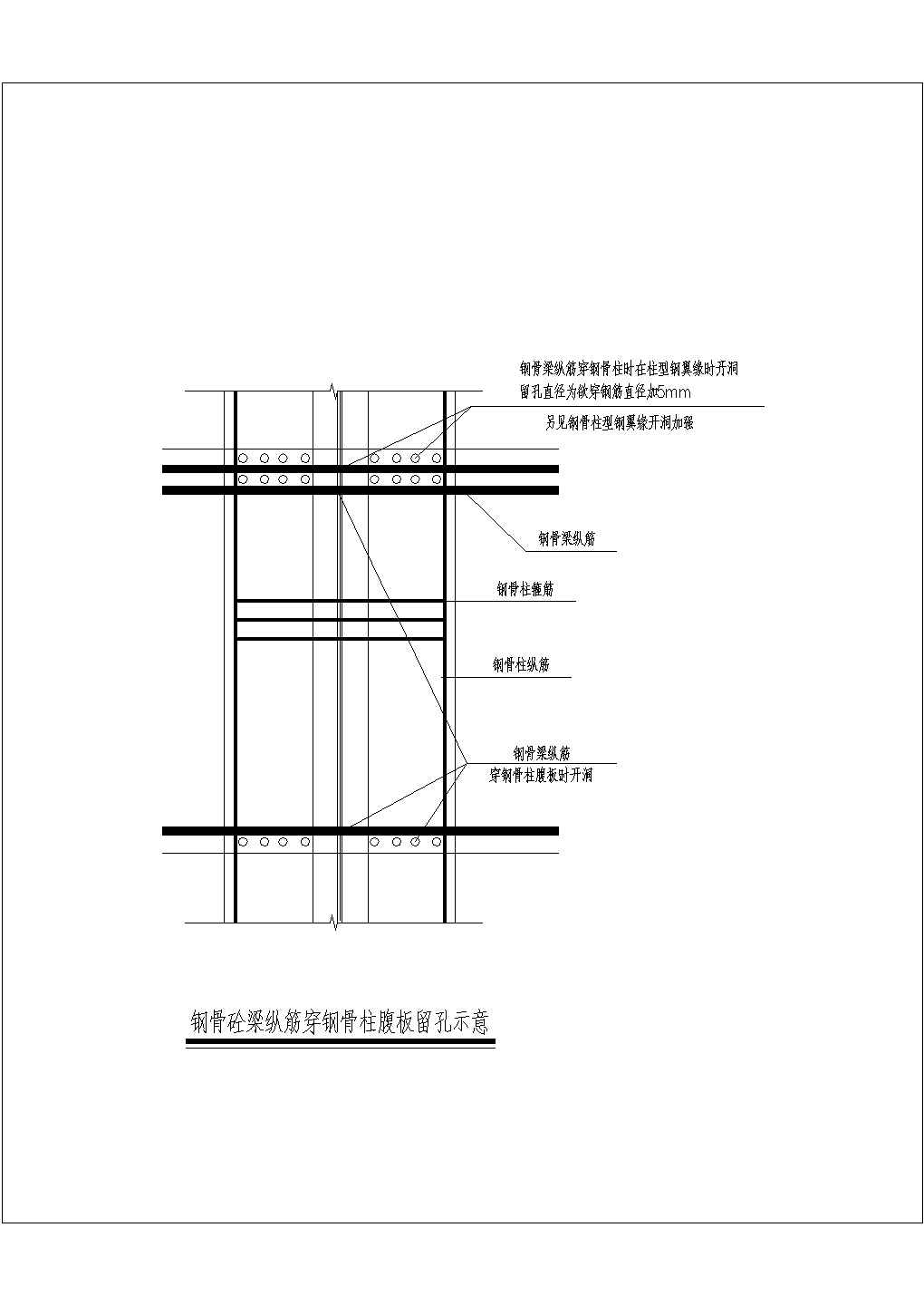 钢骨混凝土梁纵筋穿钢骨柱腹板留孔示意节点构造