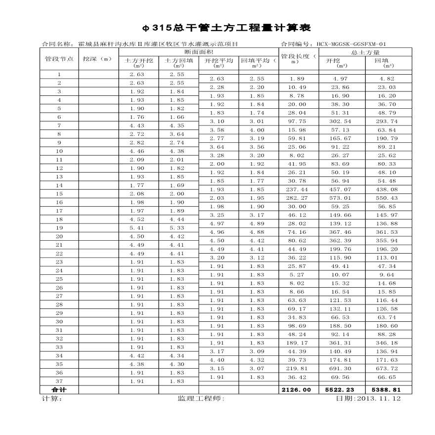 干管及分干管土方工程量计算表-图二