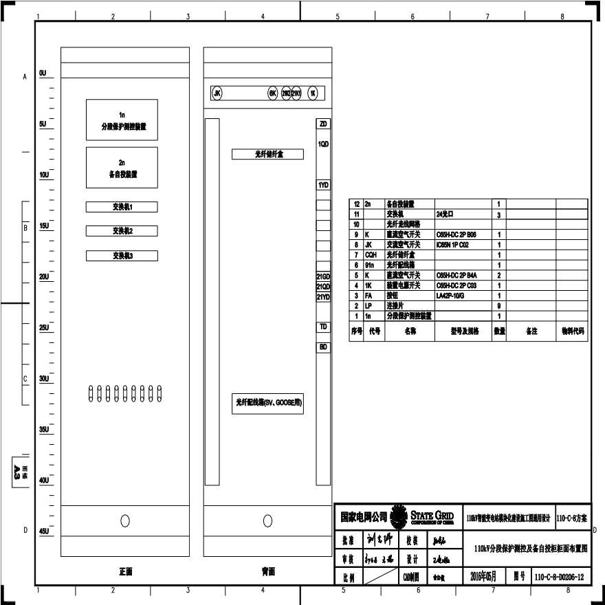 110-C-8-D0206-12 110kV分段保护测控及备自投柜柜面布置图.pdf-图一