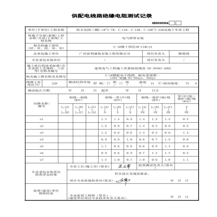 C-1#楼供配电线路绝缘电阻测试记录14-图一