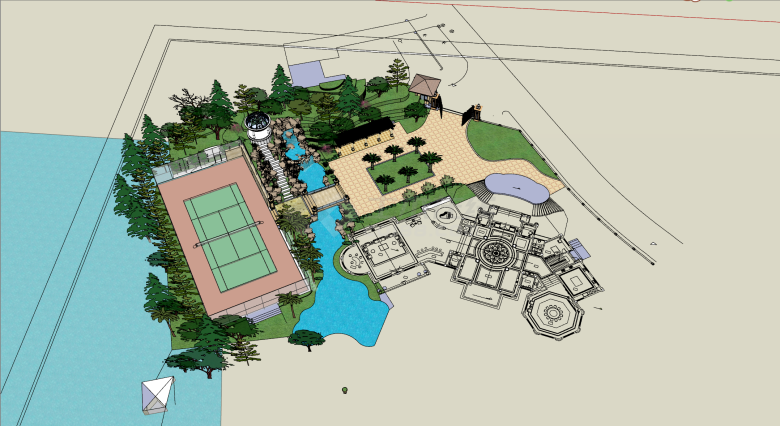 临海带花园和运动场的住宅su模型-图二