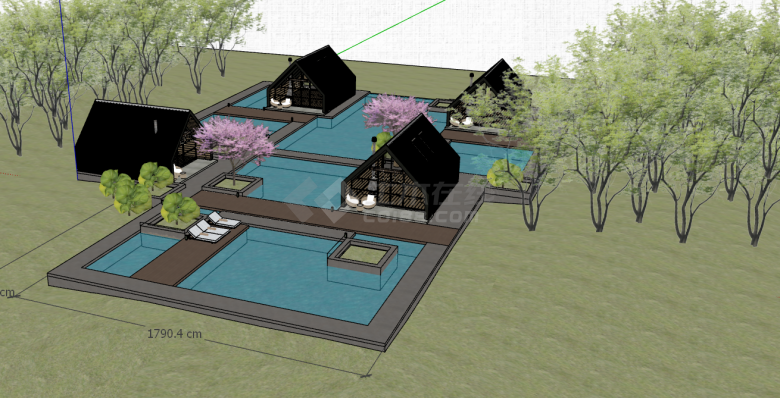 日式超大泳池现代民宿建筑su模型-图二