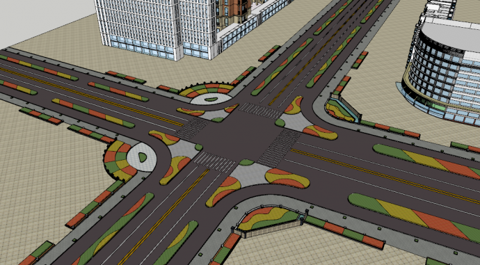 种类丰富的交通十字路口绿化景观su模型_图1