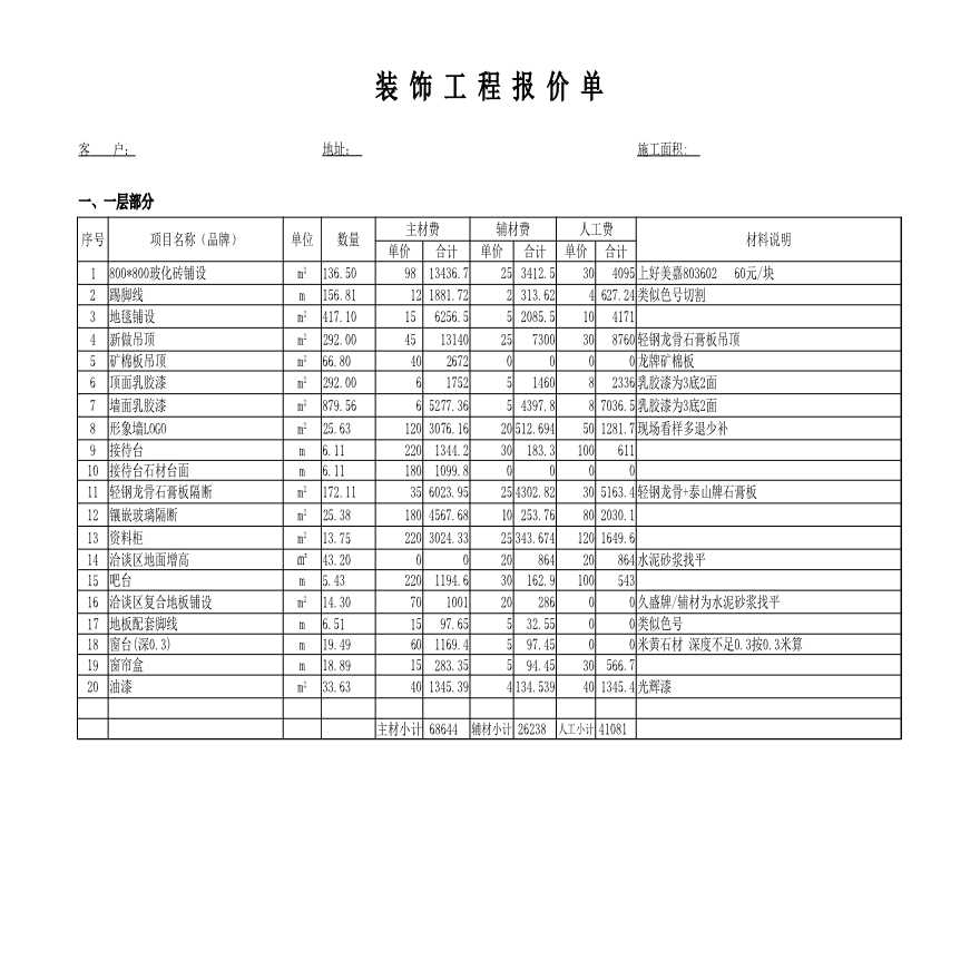 兴化办公室装潢工程预算表(售楼处)-图一