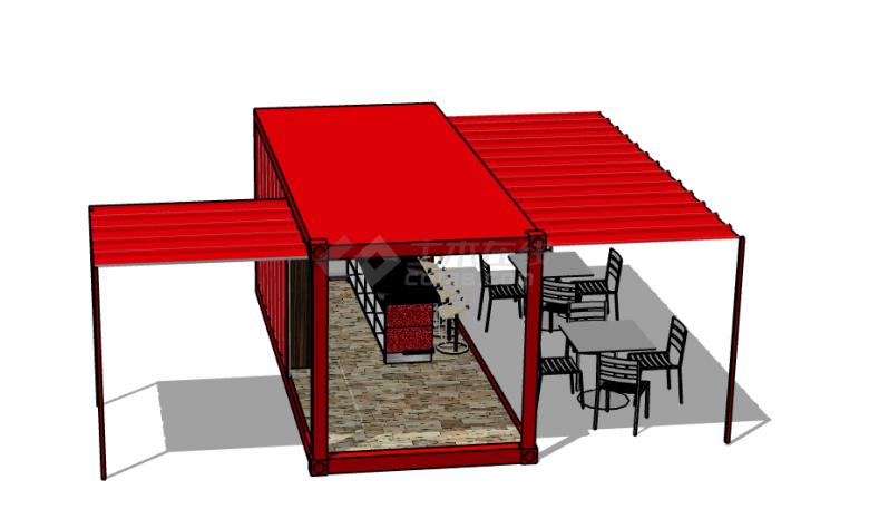 红色单体集装箱改造民宿餐厅su模型-图二