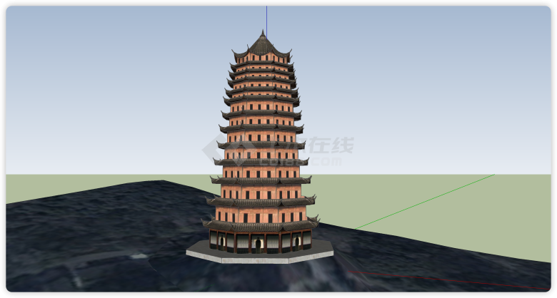 砖红色寺庙古塔建筑su模型-图一