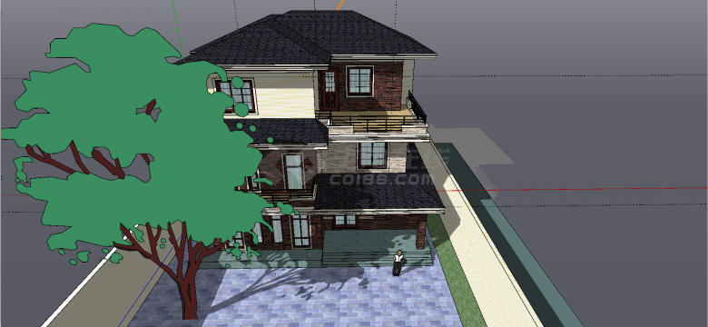 现代三层外贴多样瓷砖黑瓦小别墅su模型-图一