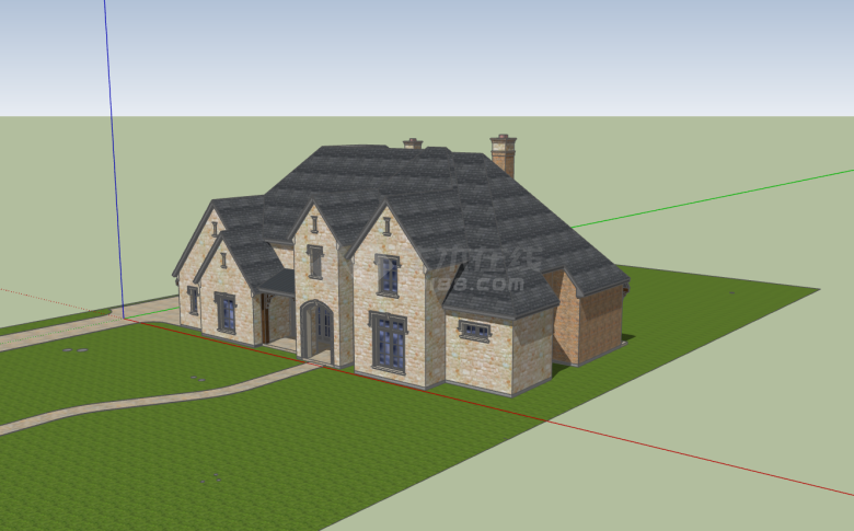 地中海风情简约石砌大坡顶独栋别墅su模型-图二