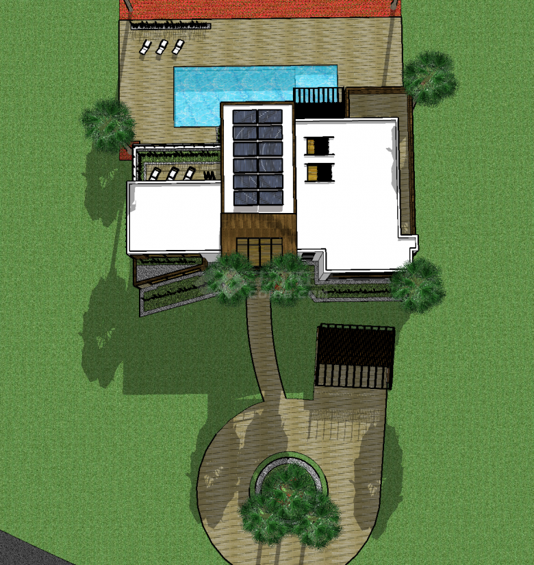 带花园和泳池的现代风格双层别墅su模型-图二