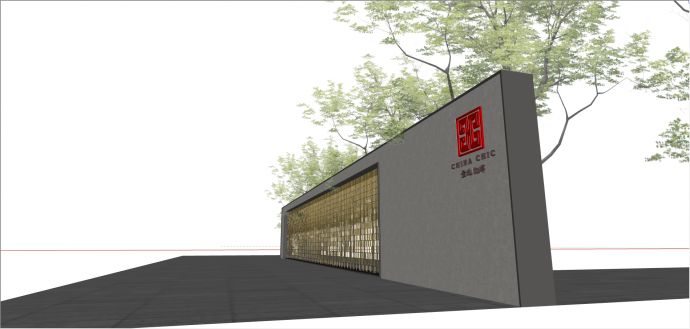 现代中国红带树景墙su模型_图1