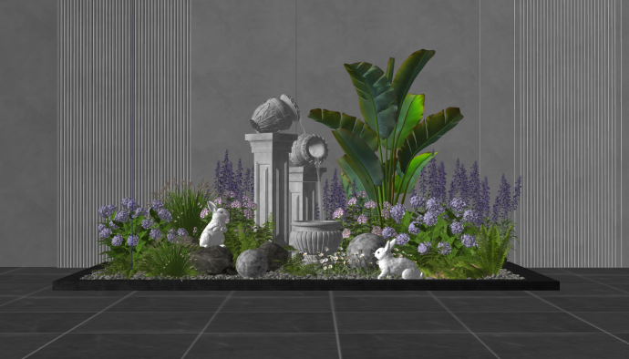现代植物雕塑兔子流水景观小品su模型_图1