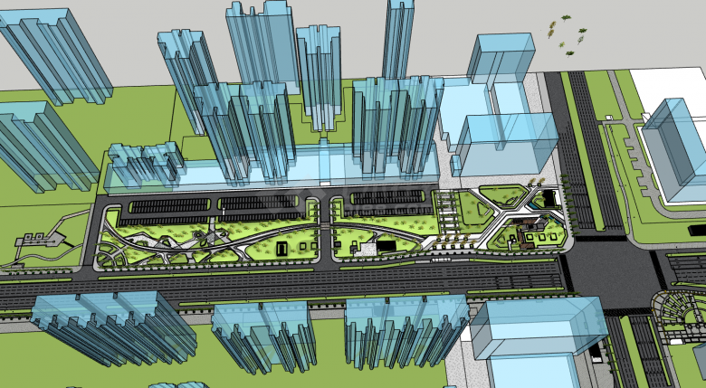现代大楼间带状绿色公园su模型-图二