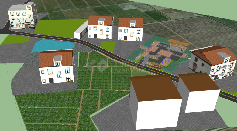 有农田广场和公园的乡村su模型-图一