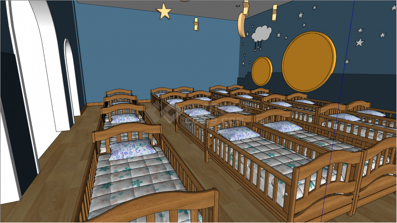 多张木床的带星星吊灯的幼儿园宿舍su模型-图二
