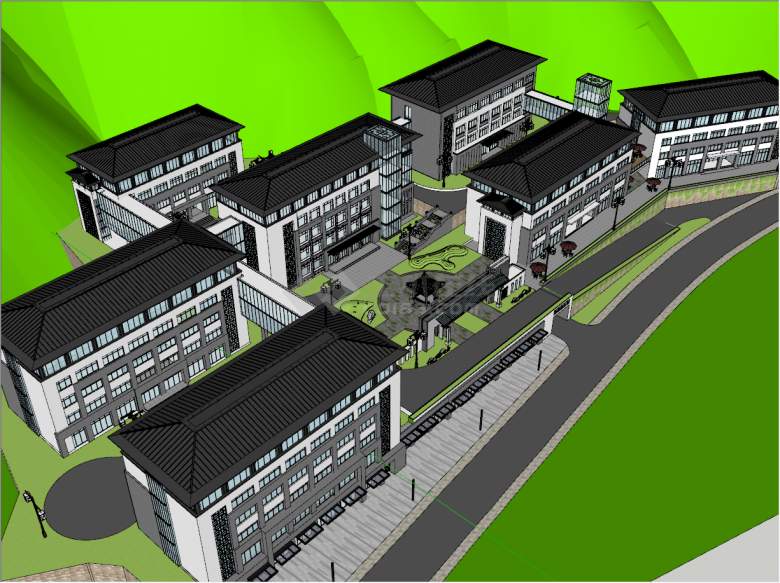 新中式小区大型养老地产建筑su模型-图二