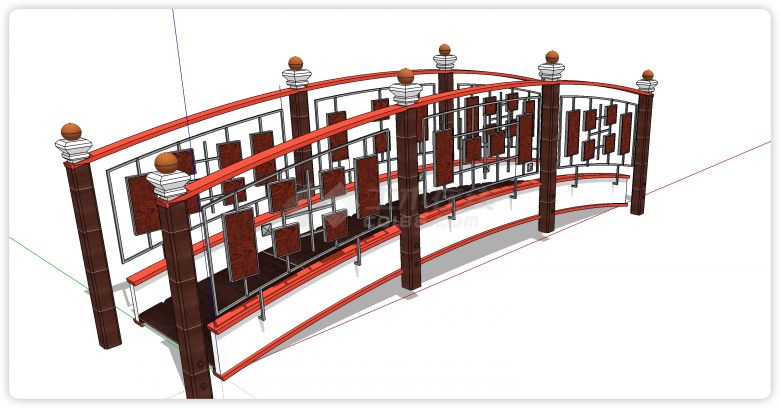 红木钢铁框架护栏拱桥su模型-图二