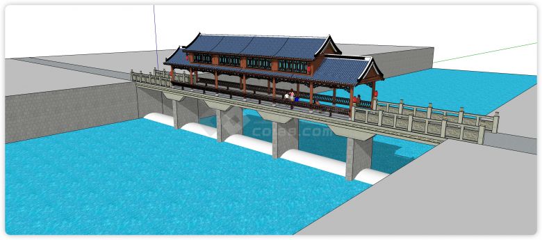 中式蓝色瓦顶廊桥su模型-图一