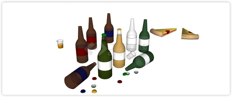 棕色白色绿色酒瓶饮料食品su模型-图二