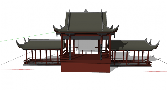 中式带长廊庭院凉亭su模型_图1