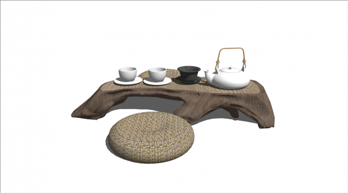 中式树根茶桌蒲团组合su模型_图1