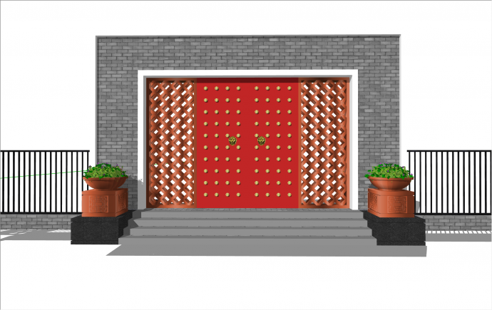 简约石砖搭配铁栅栏庭院大门围墙SU模型_图1