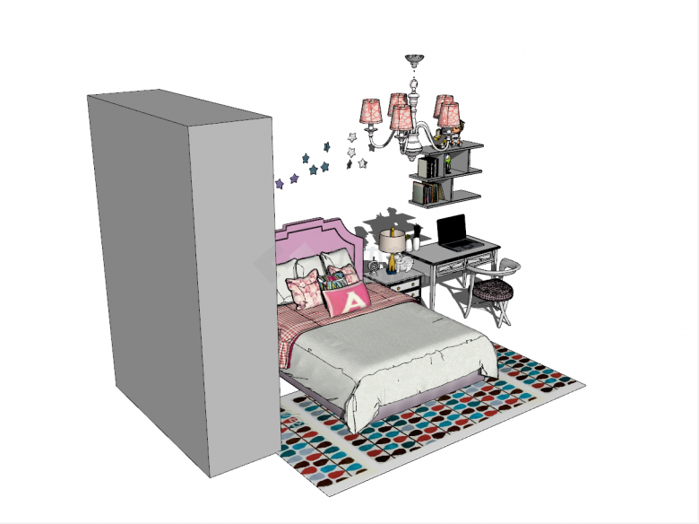 现代儿童粉色系卧室座椅床装饰su模型-图二