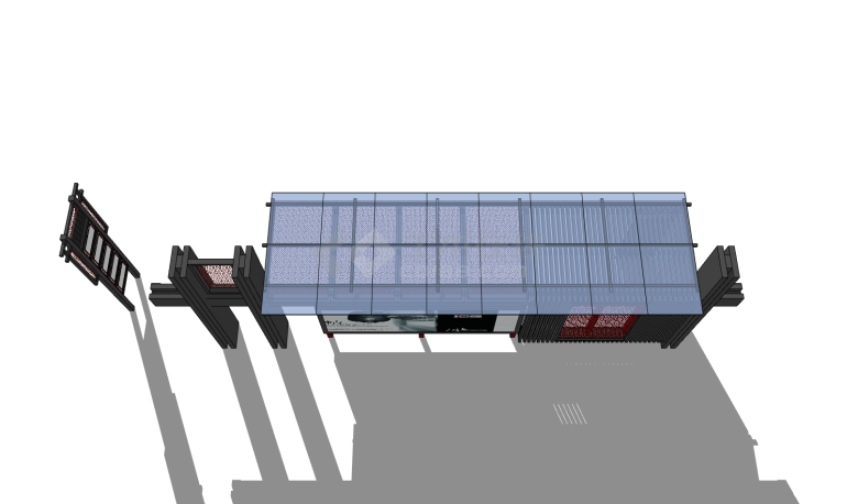 红色镂空透明玻璃顶单广告牌新中式公交车站su模型-图二