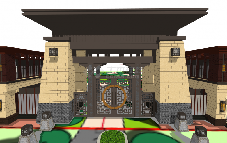 宏伟壮丽新中式围墙入口su模型-图二