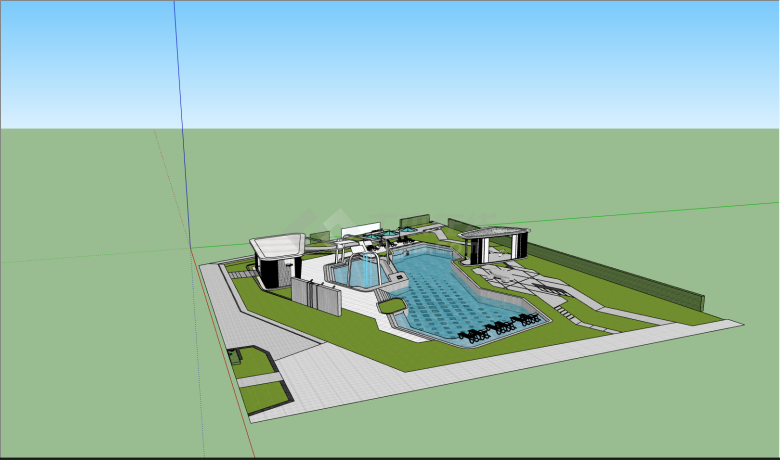 带绿色草坪的双层的游泳池su模型-图一