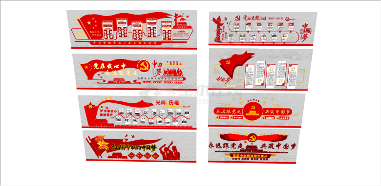 中式红色社会特色文化墙 su模型-图二
